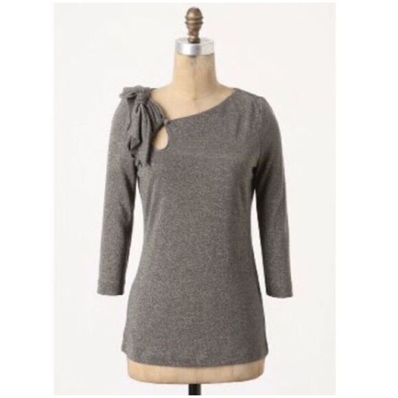DELETTA Anthropologie Gray Metallic Shirt S Keyhole Bow 3/4‎ Sleeve Stretch Size - Picture 1 of 8
